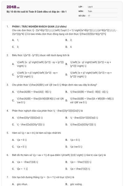 Bộ 10 đề thi cuối kì Toán 8 Cánh diều có đáp án - Đề 1
