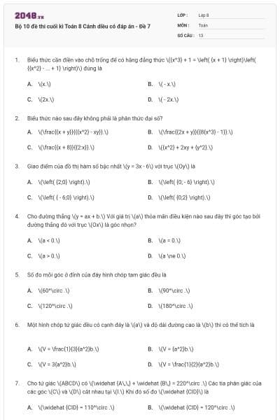 Bộ 10 đề thi cuối kì Toán 8 Cánh diều có đáp án - Đề 7
