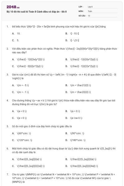 Bộ 10 đề thi cuối kì Toán 8 Cánh diều có đáp án - Đề 8