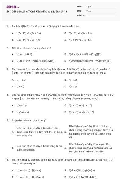 Bộ 10 đề thi cuối kì Toán 8 Cánh diều có đáp án - Đề 10