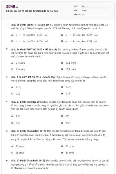 24 câu Bài tập về con lắc đơn trong đề thi đại học