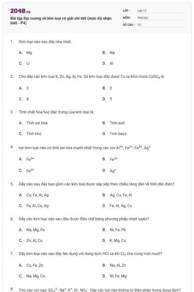 Bài tập Đại cương về kim loại có giải chi tiết (mức độ nhận biết - P4)