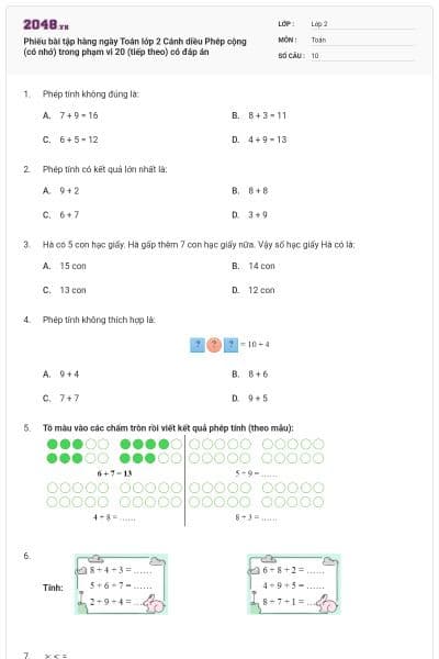 Phiếu bài tập hàng ngày Toán lớp 2 Cánh diều Phép cộng (có nhớ) trong phạm vi 20 (tiếp theo) có đáp án