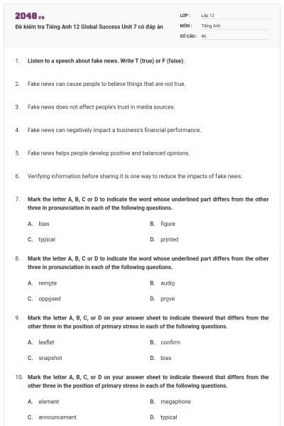 Đề kiểm tra Tiếng Anh 12 Global Success Unit 7 có đáp án