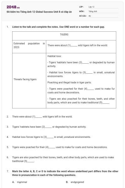 Đề kiểm tra Tiếng Anh 12 Global Success Unit 8 có đáp án