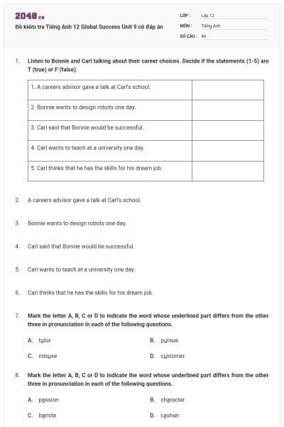 Đề kiểm tra Tiếng Anh 12 Global Success Unit 9 có đáp án