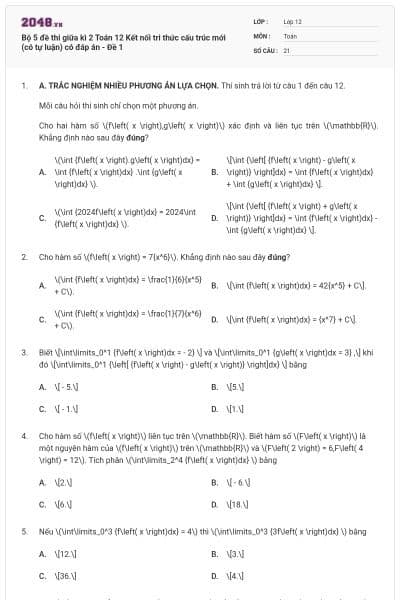 Bộ 5 đề thi giữa kì 2 Toán 12 Kết nối tri thức cấu trúc mới (có tự luận) có đáp án - Đề 1