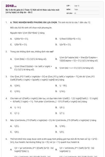 Bộ 5 đề thi giữa kì 2 Toán 12 Kết nối tri thức cấu trúc mới (có tự luận) có đáp án - Đề 2