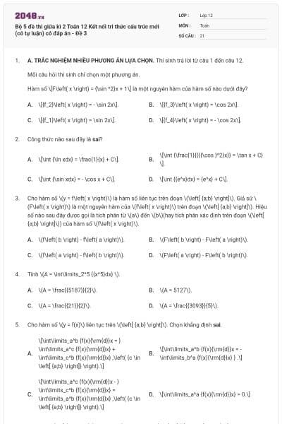Bộ 5 đề thi giữa kì 2 Toán 12 Kết nối tri thức cấu trúc mới (có tự luận) có đáp án - Đề 3