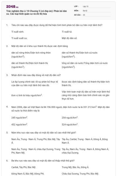 Trắc nghiệm Địa Lí 10 Chương 5 (có đáp án): Phân bố dân cư. Các loại hình quần cư và đô thị hóa