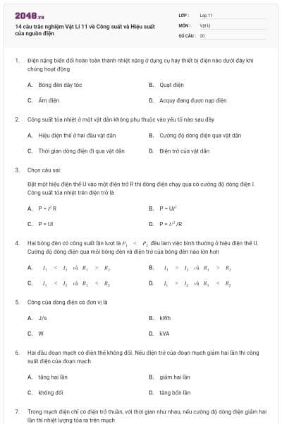 14 câu trắc nghiệm Vật Lí 11 về Công suất và Hiệu suất của nguồn điện
