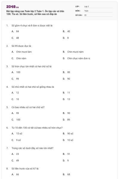 Bài tập nâng cao Toán lớp 2 Tuần 1. Ôn tập các số đến 100. Tia số. Số liền trước, số liền sau có đáp án