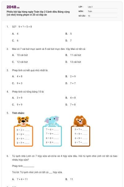 Phiếu bài tập hàng ngày Toán lớp 2 Cánh diều Bảng cộng (có nhớ) trong phạm vi 20 có đáp án