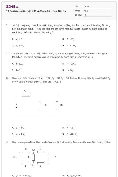 14 Câu trắc nghiệm Vật lí 11 về Mạch điện chứa điện trở