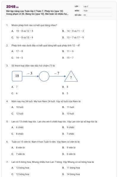 Bài tập nâng cao Toán lớp 2 Tuần 7. Phép trừ (qua 10) trong phạm vi 20. Bảng trừ (qua 10). Bài toán về nhiều hơn, ít hơn một số đơn vị có đáp án