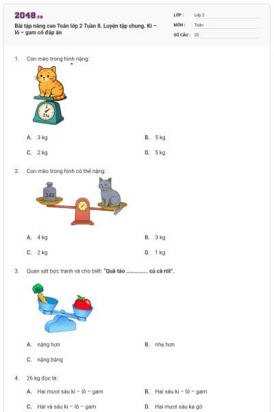 Bài tập nâng cao Toán lớp 2 Tuần 8. Luyện tập chung. Ki – lô – gam có đáp án
