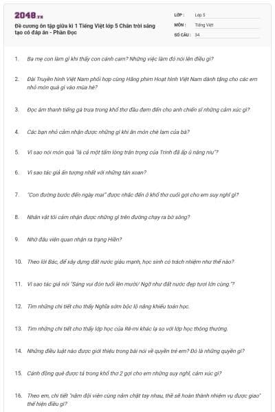 Đề cương ôn tập giữa kì 1 Tiếng Việt lớp 5 Chân trời sáng tạo có đáp án - Phần Đọc