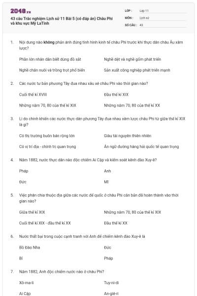 43 câu  Trắc nghiệm Lịch sử 11 Bài 5 (có đáp án) Châu Phi và khu vực Mỹ LaTinh