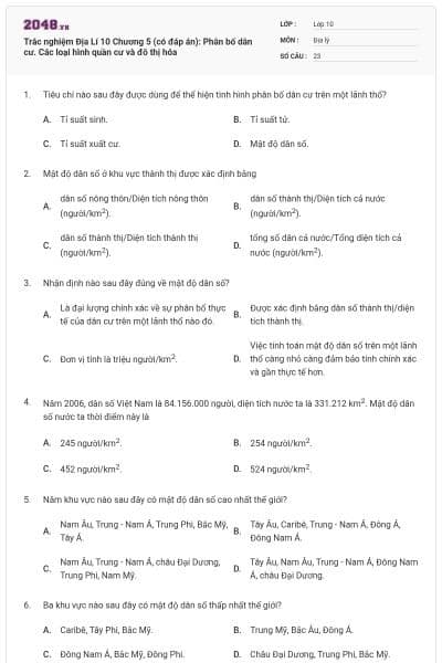 Trắc nghiệm Địa Lí 10 Chương 5 (có đáp án): Phân bố dân cư. Các loại hình quần cư và đô thị hóa