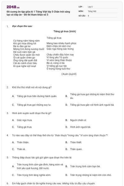 Đề cương ôn tập giữa kì 1 Tiếng Việt lớp 5 Chân trời sáng tạo có đáp án - Đề thi tham khảo số 3