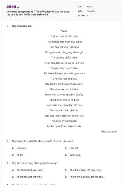 Đề cương ôn tập giữa kì 1 Tiếng Việt lớp 5 Chân trời sáng tạo có đáp án - Đề thi tham khảo số 5