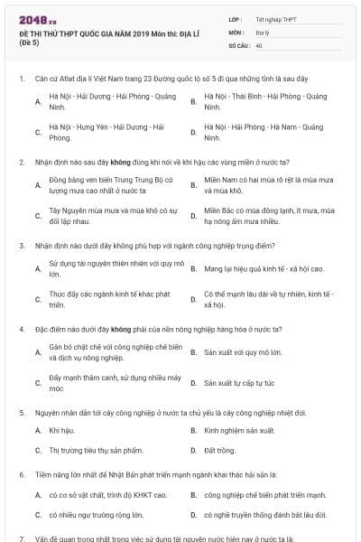 ĐỀ THI THỬ THPT QUỐC GIA NĂM 2019 Môn thi: ĐỊA LÍ (Đề 5)