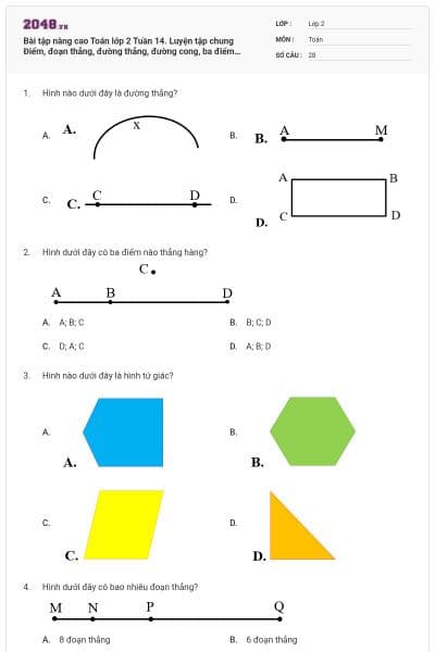 Bài tập nâng cao Toán lớp 2 Tuần 14. Luyện tập chung Điểm, đoạn thẳng, đường thẳng, đường cong, ba điểm thẳng hàng. Đường gấp khúc. Hình tứ giác có đáp án