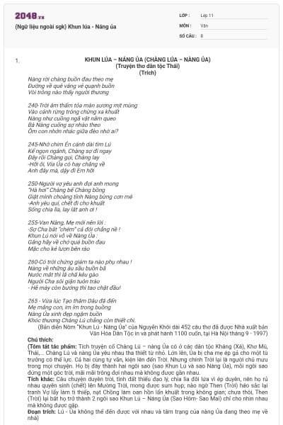 (Ngữ liệu ngoài sgk) Khun lúa - Náng ủa