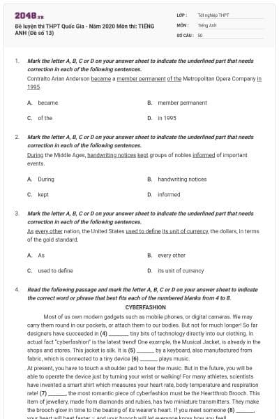 Đề luyện thi THPT Quốc Gia - Năm 2020 Môn thi: TIẾNG ANH (Đề số 13)