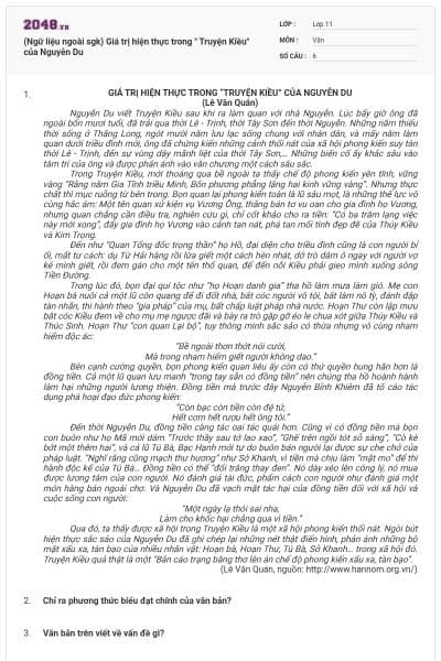 (Ngữ liệu ngoài sgk) Giá trị hiện thực trong " Truyện Kiều" của Nguyễn Du