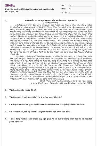 (Ngữ liệu ngoài sgk) Chủ nghĩa nhân đạo trong tác phẩm của Thạch Lam