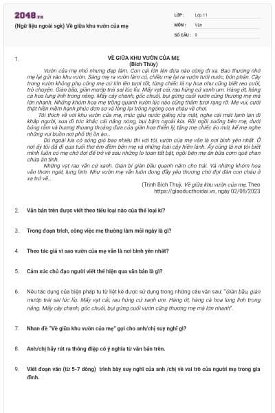 (Ngữ liệu ngoài sgk) Về giữa khu vườn của mẹ