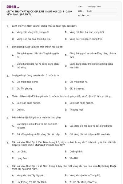 ĐỀ THI THỬ THPT QUỐC GIA LẦN 1 NĂM HỌC 2018 - 2019 MÔN ĐỊA LÍ (ĐẾ SỐ 7)