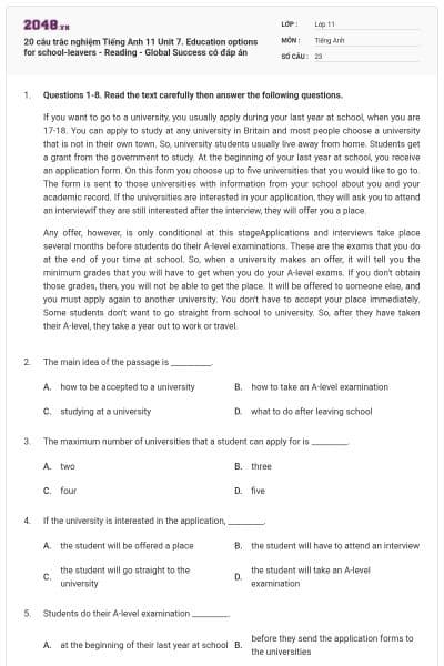 20 câu trắc nghiệm Tiếng Anh 11 Unit 7. Education options for school-leavers - Reading - Global Success có đáp án