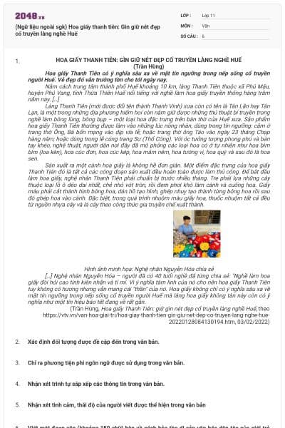 (Ngữ liệu ngoài sgk) Hoa giấy thanh tiên: Gìn giữ nét đẹp cổ truyền làng nghề Huế