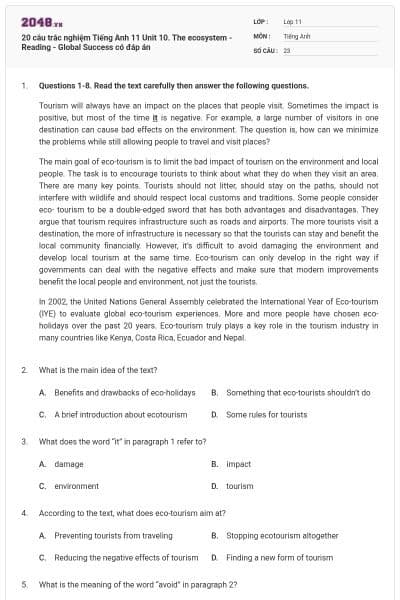 20 câu trắc nghiệm Tiếng Anh 11 Unit 10. The ecosystem - Reading - Global Success có đáp án