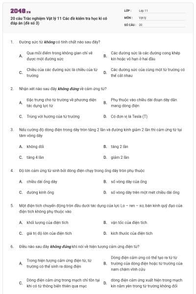 20 câu  Trắc nghiệm Vật lý 11 Các đề kiểm tra học kì có đáp án (đề số 3)
