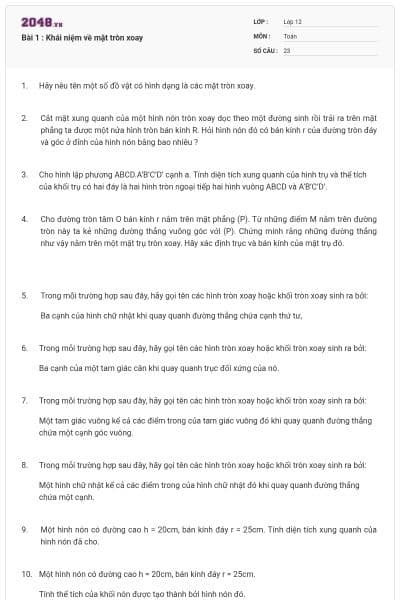 Bài 1 : Khái niệm về mặt tròn xoay