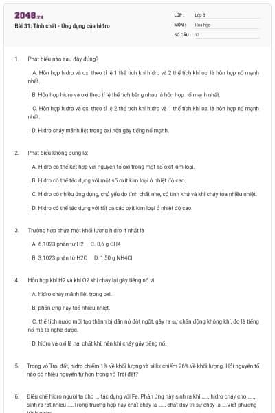 Bài 31: Tính chất - Ứng dụng của hiđro