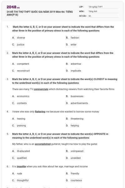 24 ĐỀ THI THỬ THPT QUỐC GIA NĂM 2019 Môn thi: TIẾNG ANH(P18)