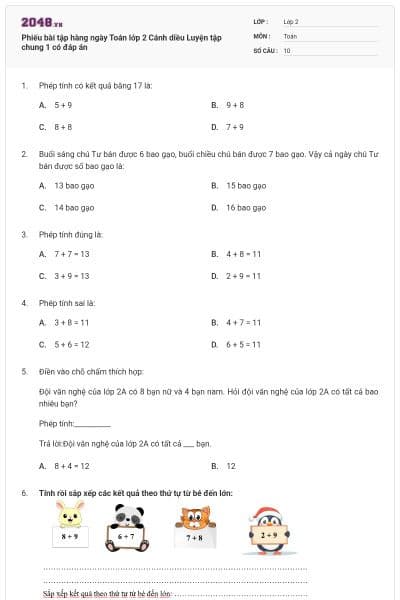 Phiếu bài tập hàng ngày Toán lớp 2 Cánh diều Luyện tập chung 1 có đáp án