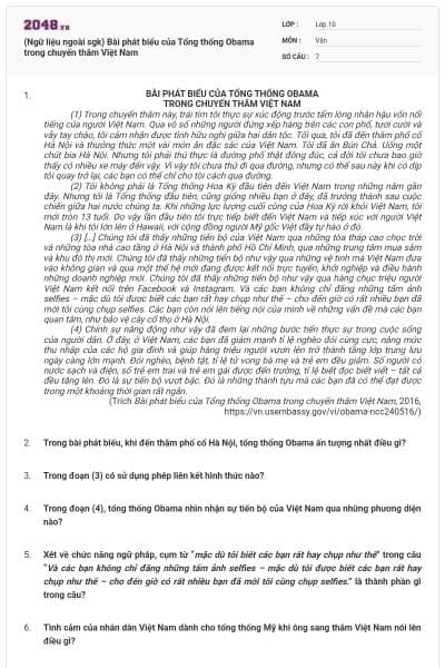 (Ngữ liệu ngoài sgk) Bài phát biểu của Tổng thống Obama trong chuyến thăm Việt Nam