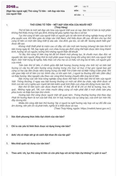 (Ngữ liệu ngoài sgk) Thờ cúng Tổ tiên - nét đẹp văn hóa của người Việt