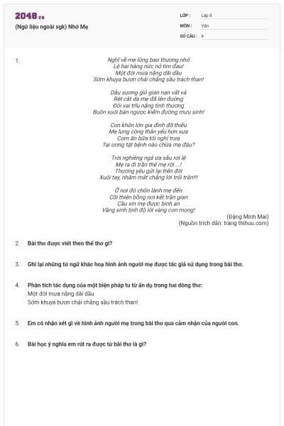 (Ngữ liệu ngoài sgk) Nhớ Mẹ