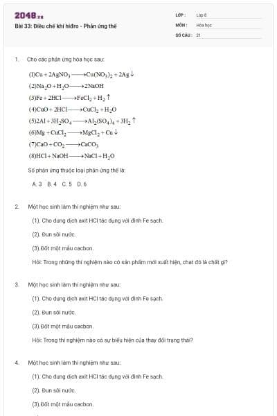 Bài 33: Điều chế khí hiđro - Phản ứng thế