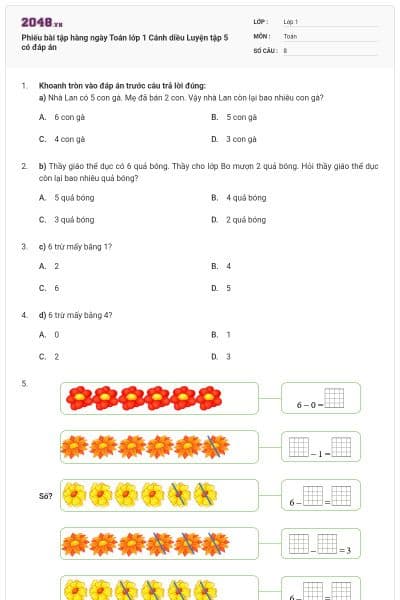 Phiếu bài tập hàng ngày Toán lớp 1 Cánh diều Luyện tập 5 có đáp án