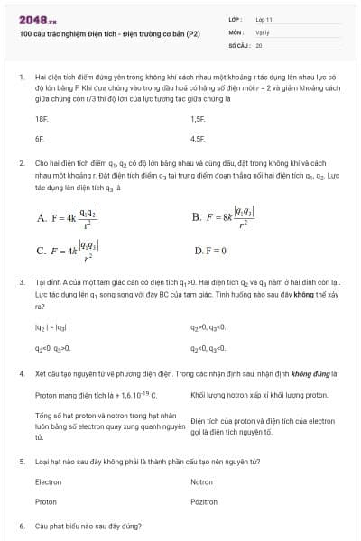 100 câu trắc nghiệm Điện tích - Điện trường cơ bản (P2)