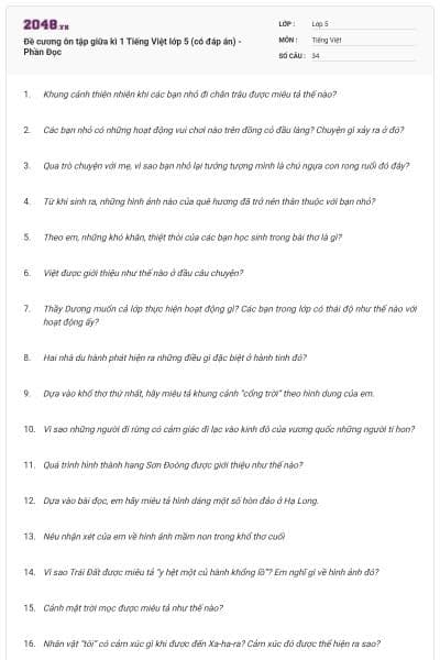 Đề cương ôn tập giữa kì 1 Tiếng Việt lớp 5 (có đáp án) - Phần Đọc