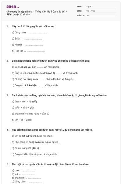 Đề cương ôn tập giữa kì 1 Tiếng Việt lớp 5 (có đáp án) - Phần Luyện từ và câu