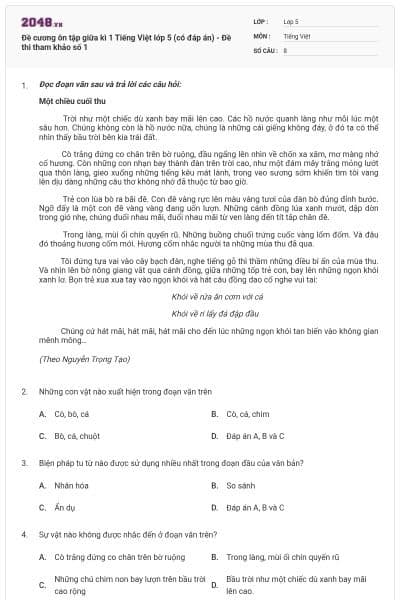 Đề cương ôn tập giữa kì 1 Tiếng Việt lớp 5 (có đáp án) - Đề thi tham khảo số 1